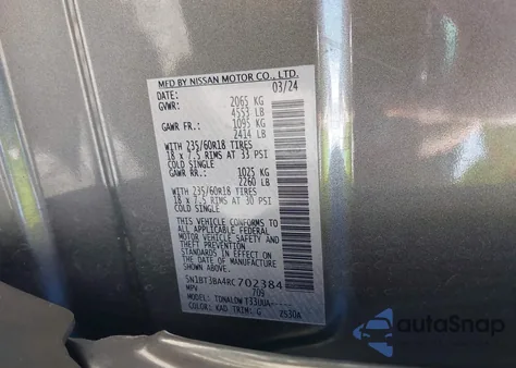 2024 Nissan Rogue Sv Fwd z USA, uszkodzony, nr VIN 5N1BT3BA4RC702384